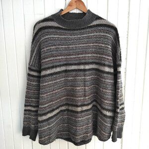 American Eagle Oversized Turtleneck Sweater Grey Fuzzy Stripe Knit Size L Cozy